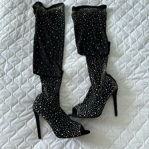 Over the Knee Open Toe Mesh Boots with Rhinestones